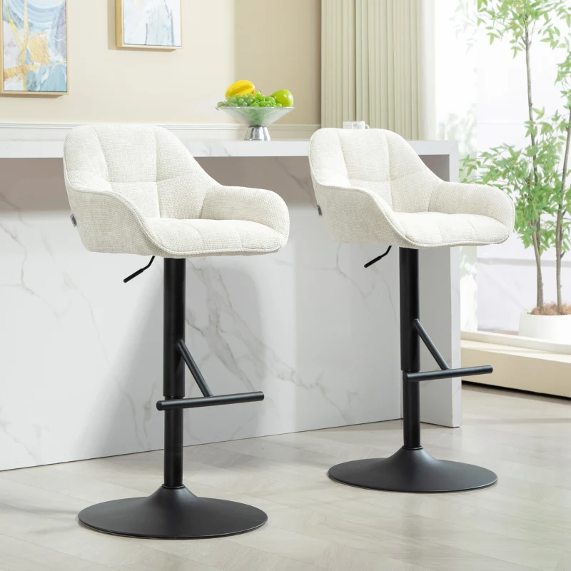 HOMCOM Set of 2 bar stools bar chairs adjustable height linen-effect fabric and steel base 52.5 x 53 x 86.5-108 cm cream
