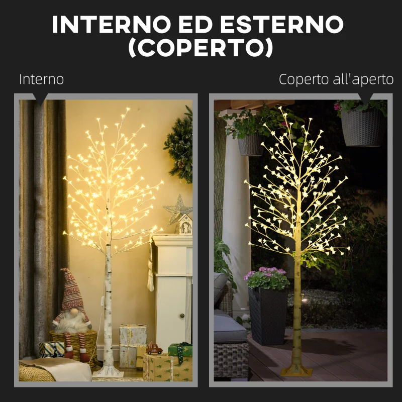 HOMCOM Albero Luminoso di Betulla con 180 Luci LED Alto 180 cm e 3 Livelli di Luminosità per Interni ed Esterni, Bianco