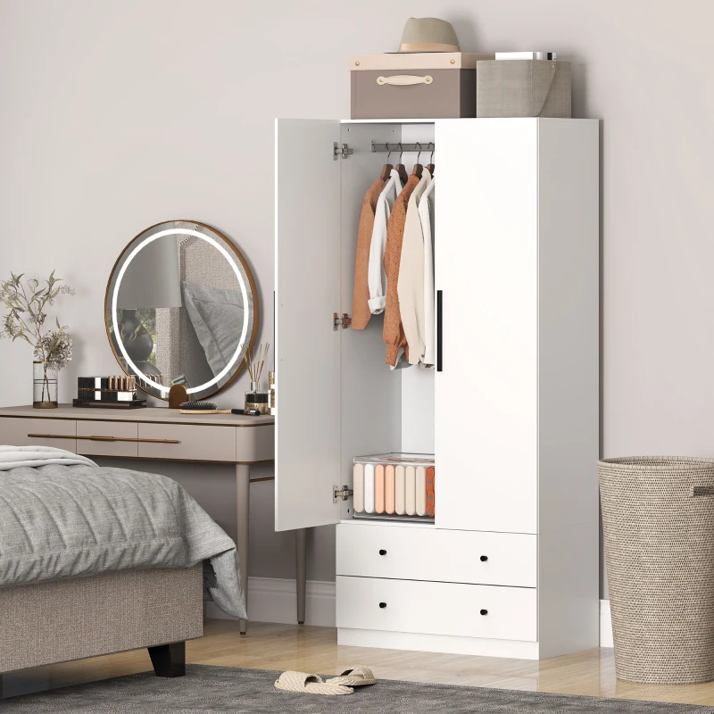 HOMCOM Wardrobe, 2 doors, hanging area, clothes rail, 2 drawers, particleboard, white