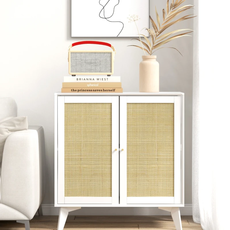 HOMCOM High sideboard, storage cabinet, bohemian design, double doors with 2 levels, rattan front, 80 x 40 x 85 cm, white
