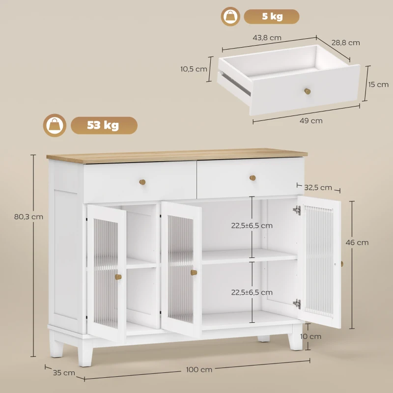 HOMCOM Sideboard with 2 ribbed tempered glass doors, 2 drawers and adjustable shelves, 100 x 35 x 80.3 cm, white