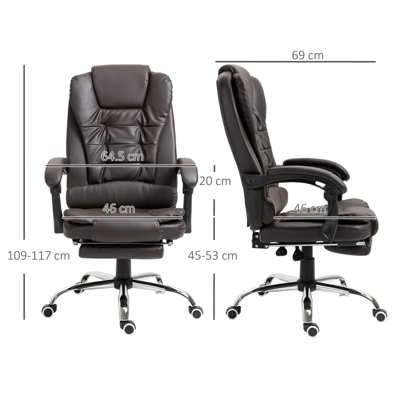 HOMCOM Executive Office Chair High-Comfort Reclining Back PU Casters 64.5 x 69 x 117 cm Coffee