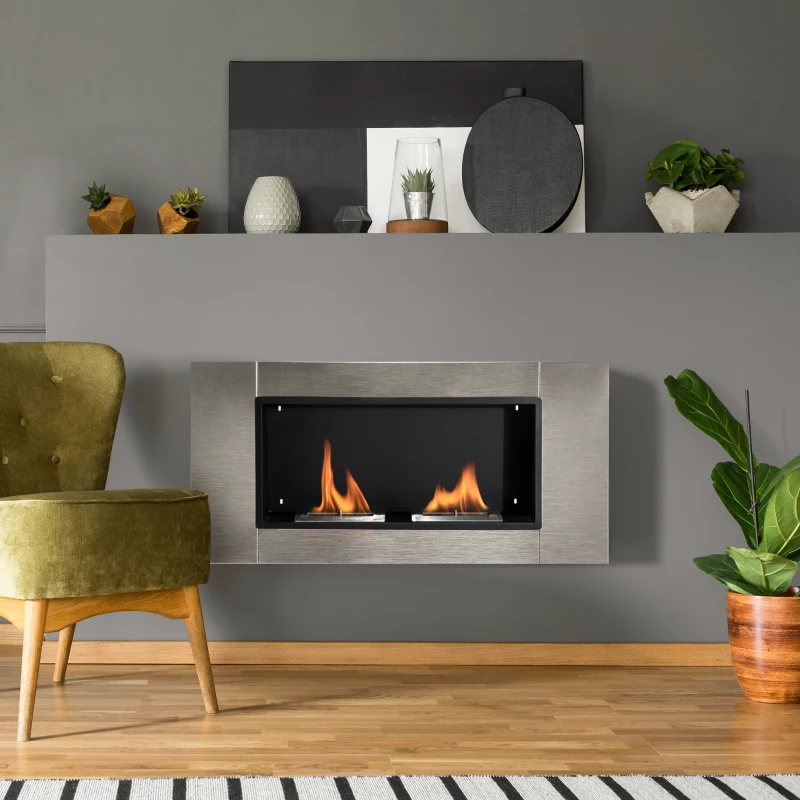 HOMCOM Cheminée bioéthanol Murale encastrable brûleur 2*0,9 L, environ 3 h de durée de combustion 110L x 14,5l x 54H cm Couverture 25-30 m² Acier inox