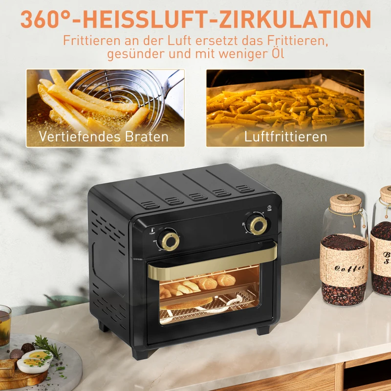 HOMCOM Minibackofen mit Umluft, Heißluftfritteuse, Timer, Innenbeleuchtung, 10L, Schwarz