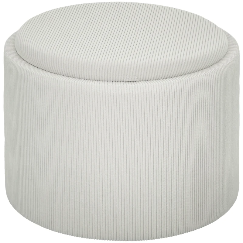 HOMCOM Storage Ottoman with Storage, Round, Footrest, Cord Fabric, MDF, Creme White