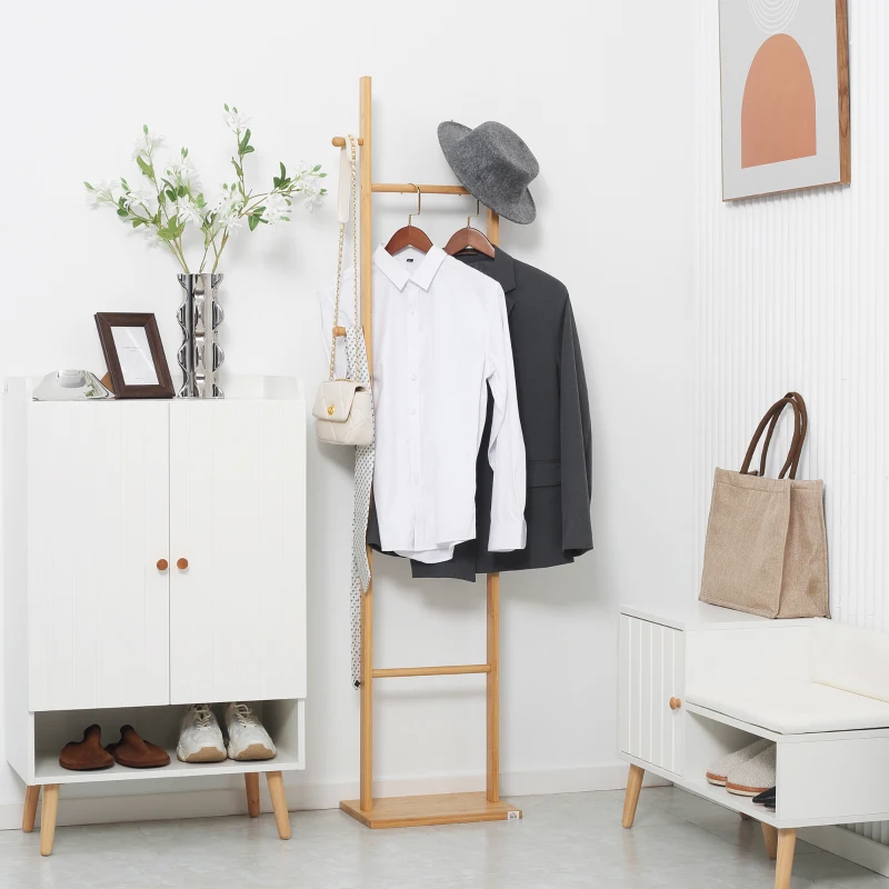 HOMCOM Freestanding coat rack clothes stand, Wooden wardrobe with 3 rods and 2 hooks