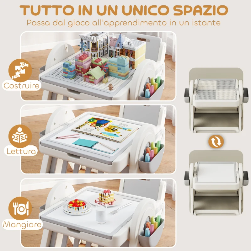 AIYAPLAY Tavolo Multiuso per Bambini con Ripiano Contenitore e Cassetti, in HDPE e PP, Grigio e Bianco