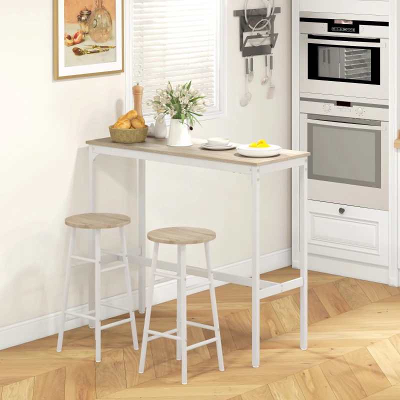 HOMCOM High bar table set + 2 stools, steel frame, natural wood-effect top, 2-person, white