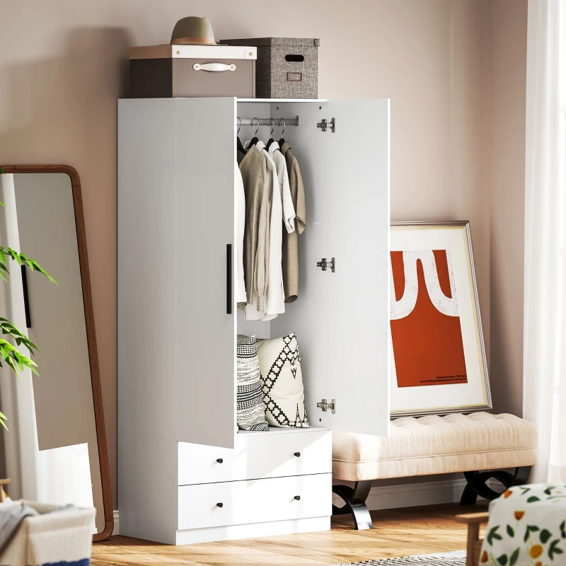 HOMCOM Wardrobe, 2 doors, hanging area, clothes rail, 2 drawers, particleboard, white