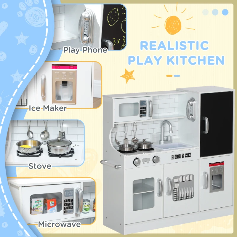 AIYAPLAY Pretend Play Kitchen, Kids Kitchen Playset, with Toy Phone, Chalkboard, Microwave, Cooking Stove, Sink, White