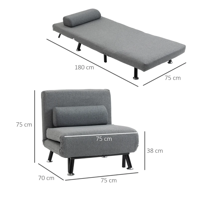 HOMCOM Folding chair with bed function, foldable recliner in linen-look, Adjustable backrest, 75 x 70 x 75 cm, Dark Gray