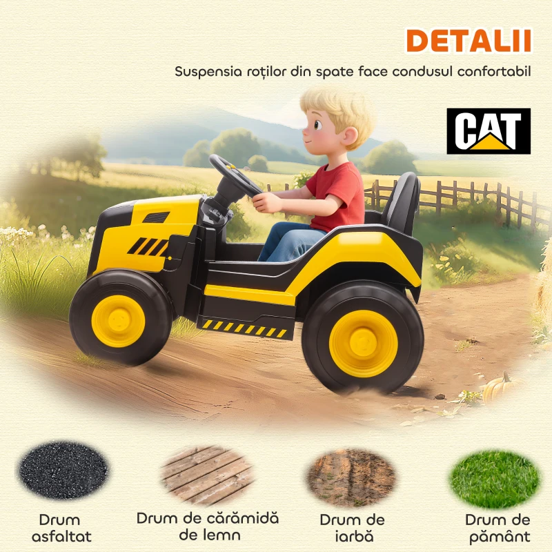 AIYAPLAY Mașină Electrică pentru Copii 3-6 Ani, Licențiată Oficial de CAT, 12V, Control Manual și cu Telecomandă, Galben