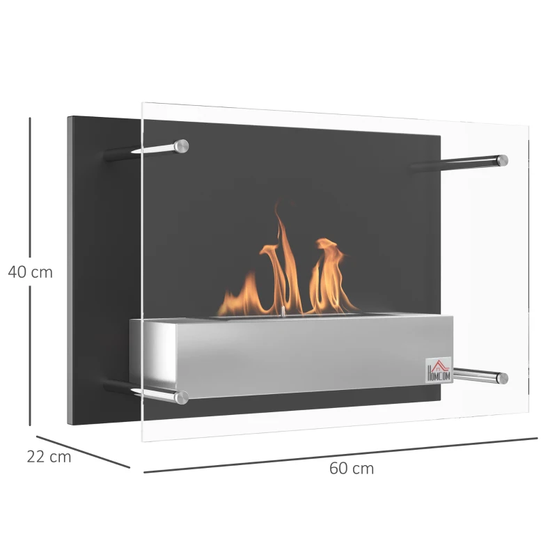 HOMCOM Wall-mounted Built-In Bioethanol Fireplace, 0.9 L Burner, approx. 3 h Burn Time, 60L x 22l x 40H cm, black