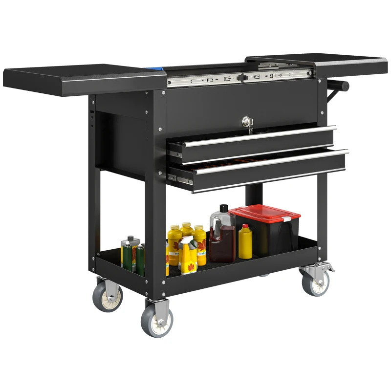 HOMCOM Workshop trolley, rolling tool cabinet with sliding top, lockable drawers, 130x38x80cm, black