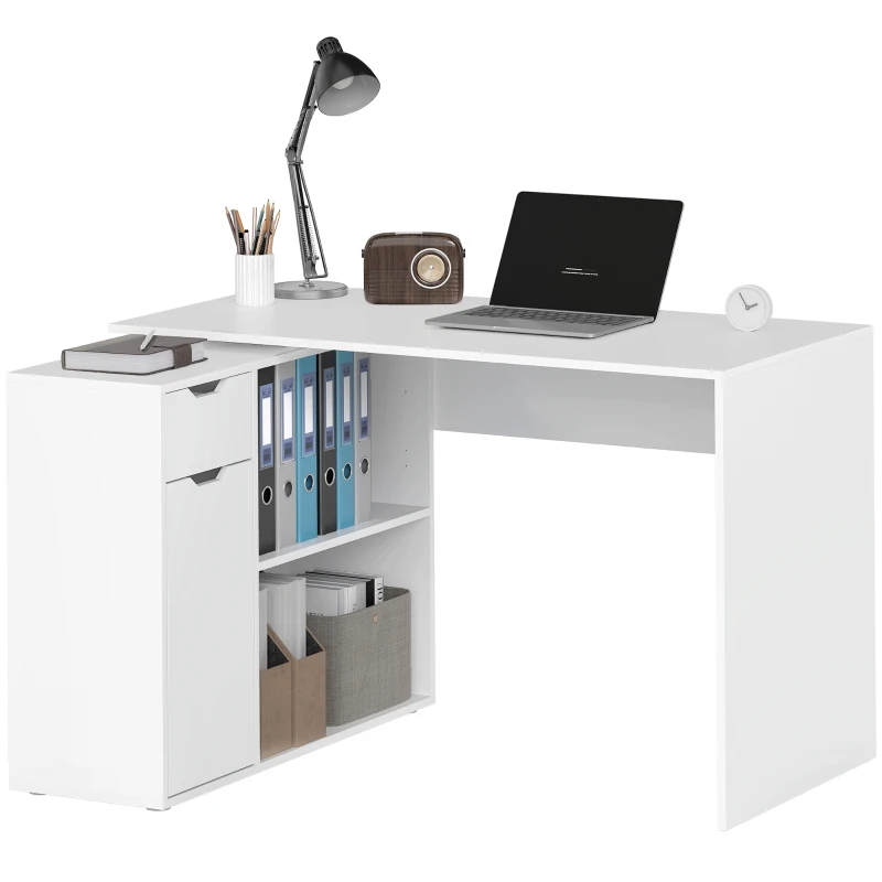 HOMCOM Flexible desk, 2-tier cabinet, drawer, open shelves, wood, white