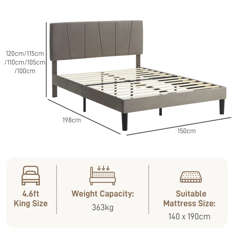HOMCOM Double Bed Frame 140 x 190 cm 2-Person Bed Adjustable Headboard Slatted Base 150 x 198 x 100/105/110/115/120 cm Gray