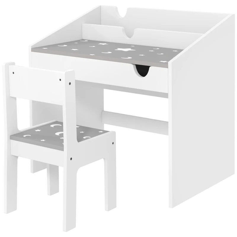 AIYAPLAY Children Study Table and Chair, Kids Desk and Chair Set with Storage, Pull-Out Drawer, for Ages 3-6 Years, Grey