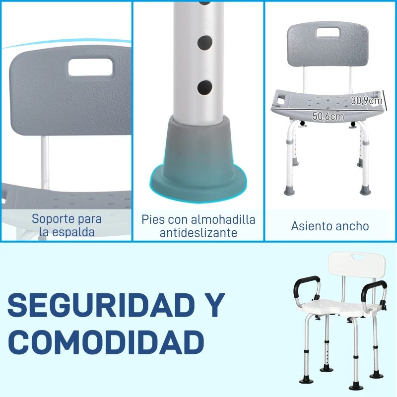 HOMCOM Taburete de Ducha Silla para Ducha con Respaldo Antideslizante Altura Regulable en 8 Niveles Carga 136 kg