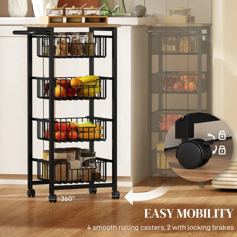 HOMCOM Four Basket Mobile Kitchen Island, with Brakes - Oak/Black