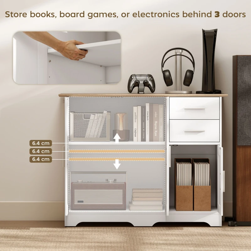 HOMCOM Comodă Modernă din Lemn cu 2 Sertare și 2 Dulapuri, 100x40x78 cm, Alb și Culoare Lemn