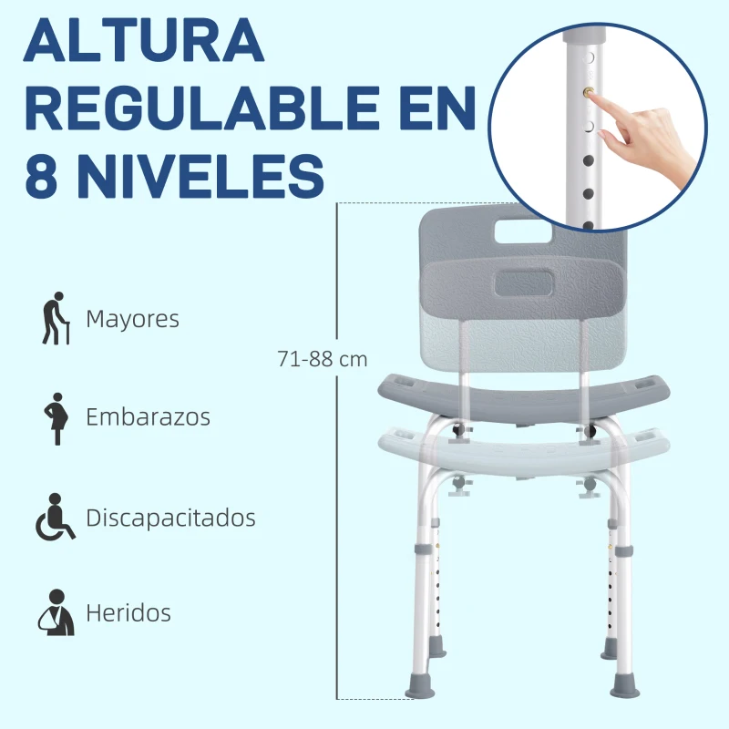 HOMCOM Taburete de Ducha Silla para Ducha con Respaldo Antideslizante Altura Regulable en 8 Niveles Carga 136 kg