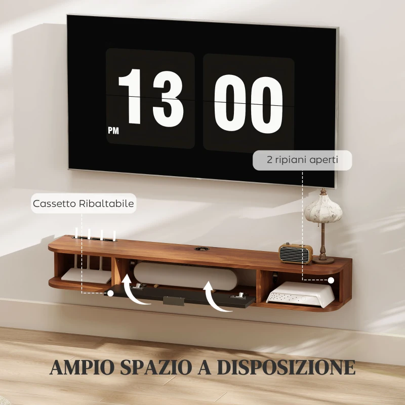 HOMCOM Mobile Porta TV fino 50" Sospeso con Cassetto, 2 Ripiani Aperti e Foro Passacavi, 120x24x16 cm, Noce