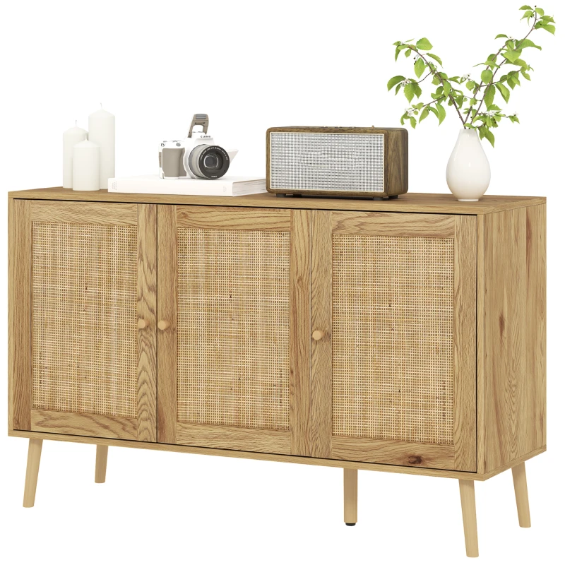HOMCOM Sideboard living room storage cabinet with rattan-front doors and adjustable shelf, natural wood