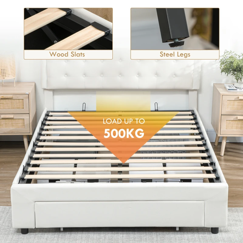 HOMCOM Double Ottoman Bed Frame, with Front Drawer - Cream