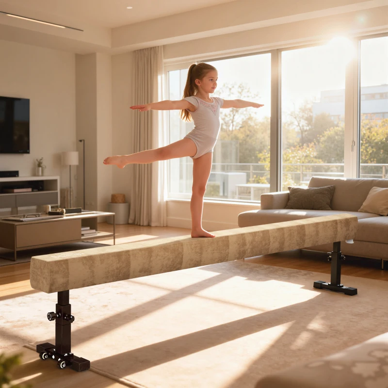 HOMCOM Trave Ginnastica Artistica con Altezza Regolabile e Piedini Antiscivolo, 226x31x59cm, Marrone