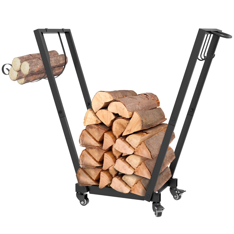 Outsunny Indoor Log Rack firewood storage with side hooks wheels max load 50 kg, 79 x 30 x 81 cm metal black