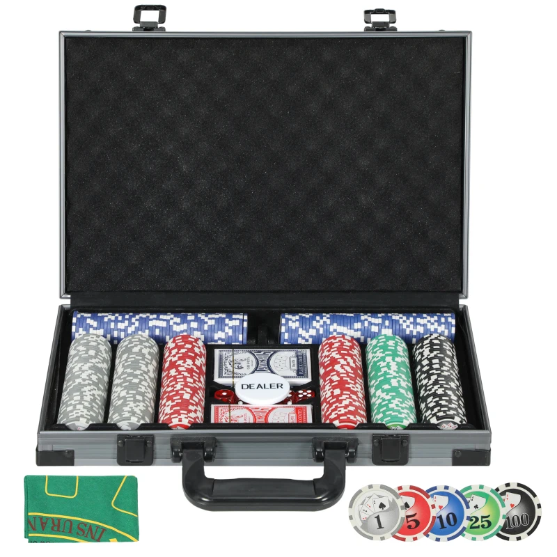 SPORTNOW 400-Piece Poker Chips Set with Lightweight ABS Case, Casino Texas Holdem Poker Set with Mat, 11.5g Numbered Poker Chips, Two Decks of Cards, Dealer, Five Dices, Grey