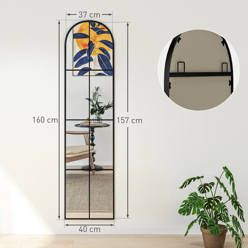 HOMCOM Large arched window wall or freestanding mirror 40 x 160 cm with metal frame, shatterproof film, black