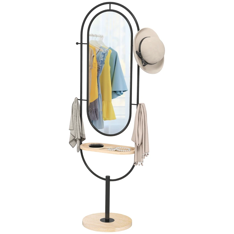 HOMCOM Oval Full Length Mirror with Wooden Tray and 4 Hooks - Black