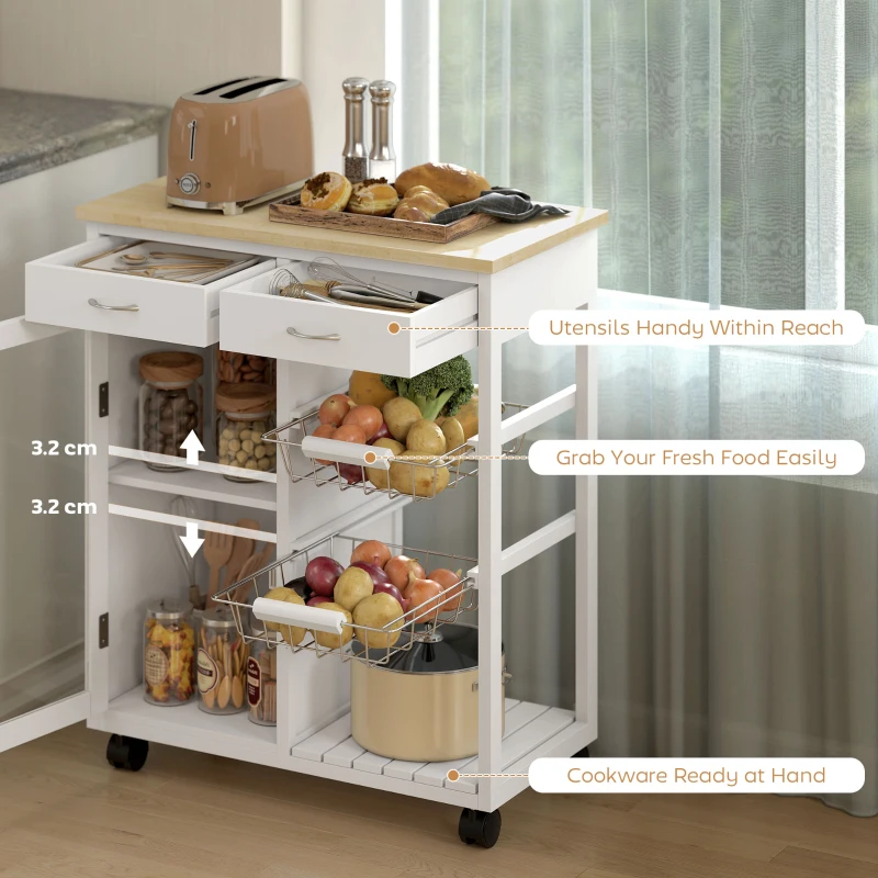 HOMCOM Cărucior de Bucătărie din Bambus cu 2 Sertare, Dulap, Raft și 2 Coșuri din Oțel, 67x35x80 cm, Alb