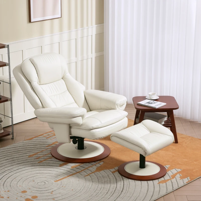 HOMCOM Recliner with Ottoman, Reclining Swivel TV Chair with Wooden Base, up to 150 kg Capacity, Faux Leather, Cream White