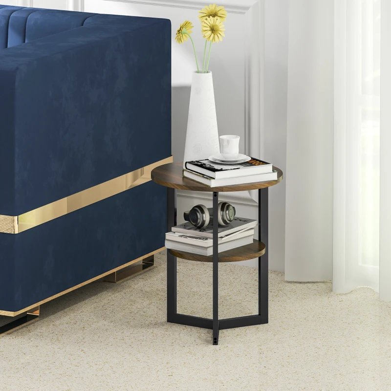 HOMCOM Round Side Table, Industrial End Table with Storage Shelves and Steel Frame, Ø 40 x 48 cm, Brown