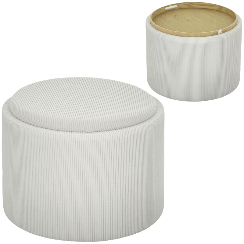 HOMCOM Storage Ottoman with Storage, Round, Footrest, Cord Fabric, MDF, Creme White