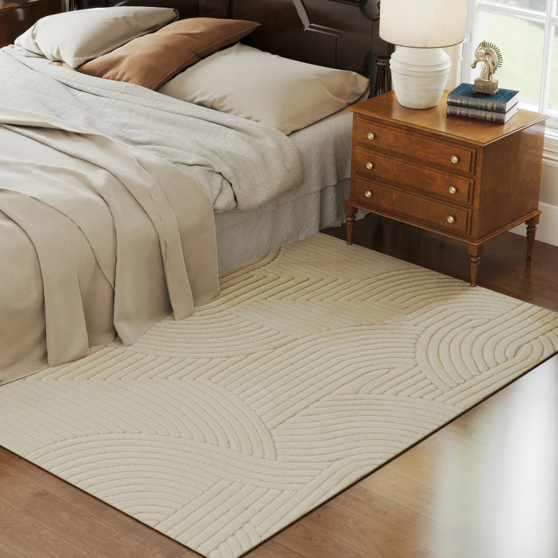 HOMCOM Living Room Rug 200 x 140 cm, Thick Pile Geometric Rug, Plush & Non-Slip, Cream