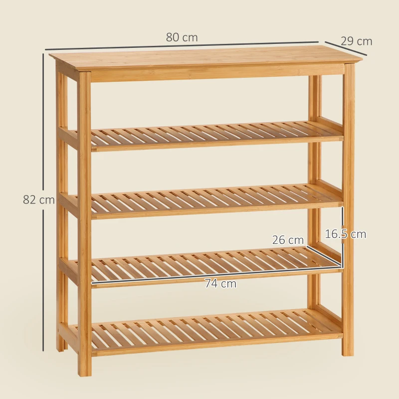 HOMCOM 5-Tier Shoe Rack, Bamboo Slatted Shoe Rack with 4 Slatted Shelves, 80x29x82cm, Natural Wood Effect