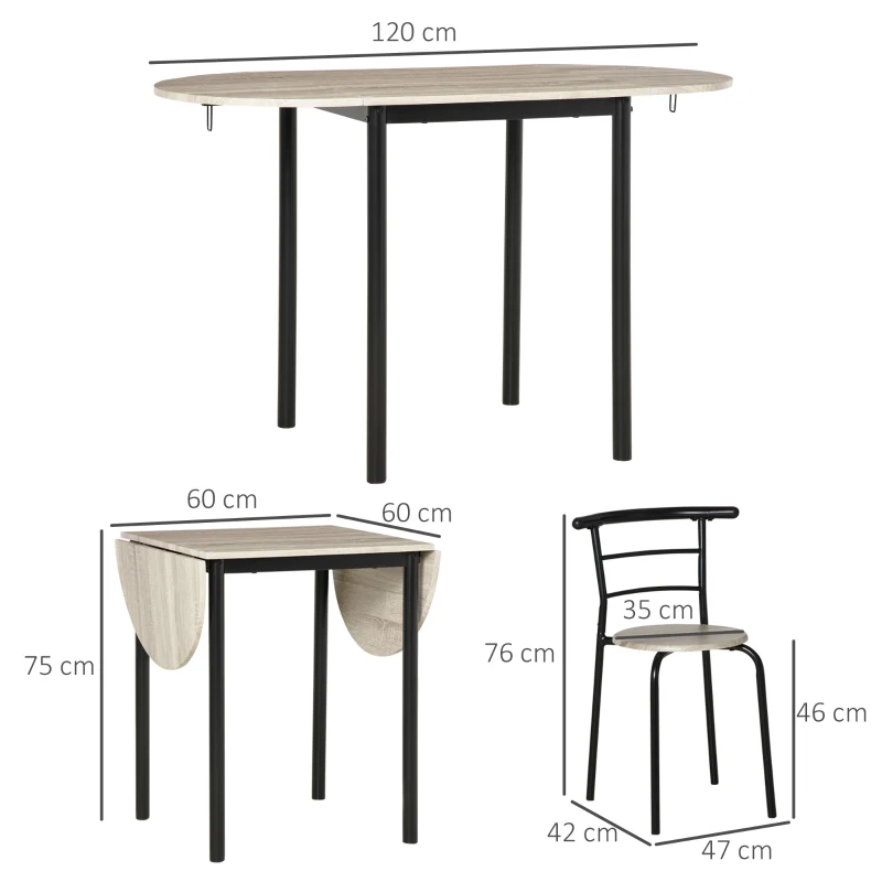 HOMCOM Extendable Oval Table and 2 Chairs Set - Drop-Leaf Table - Metal and MDF - Black and Natural
