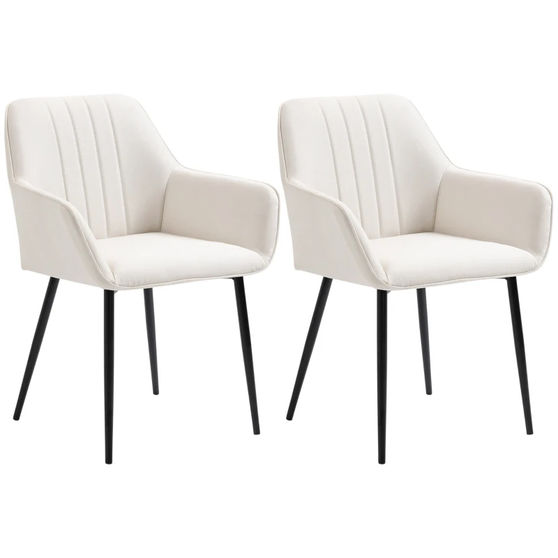 HOMCOM Dining Chairs Visitor Chairs Scandinavian Design - Set of 2 - Tapered Black Metal Legs - Ergonomic Seat Back Armrests Linen Beige