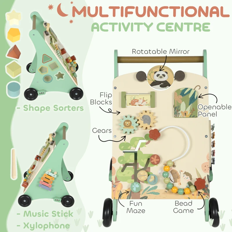 AIYAPLAY Wooden Baby Walker, Push Along Walker Toys with Speed Control, Xylophone, gears and Bead Maze, Green