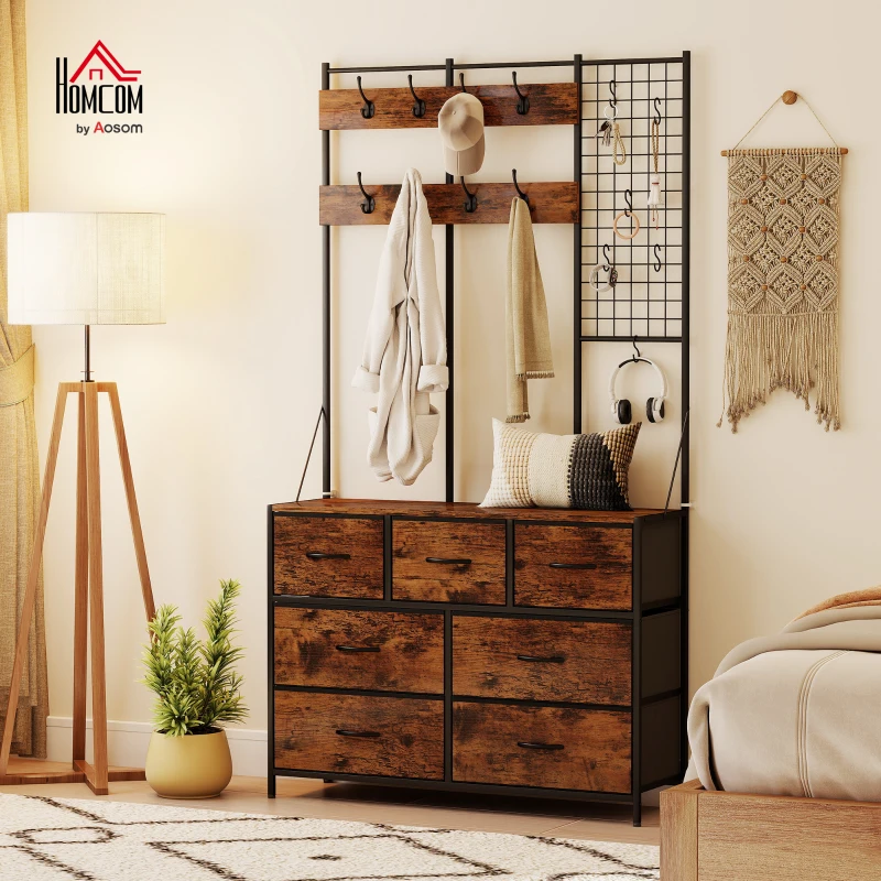 HOMCOM 4-in-1 Entryway Unit, Coat Rack, Hallstand with 7 Fabric Drawers and 14 Hooks, 100 x 30 x 183 cm, Rustic Brown