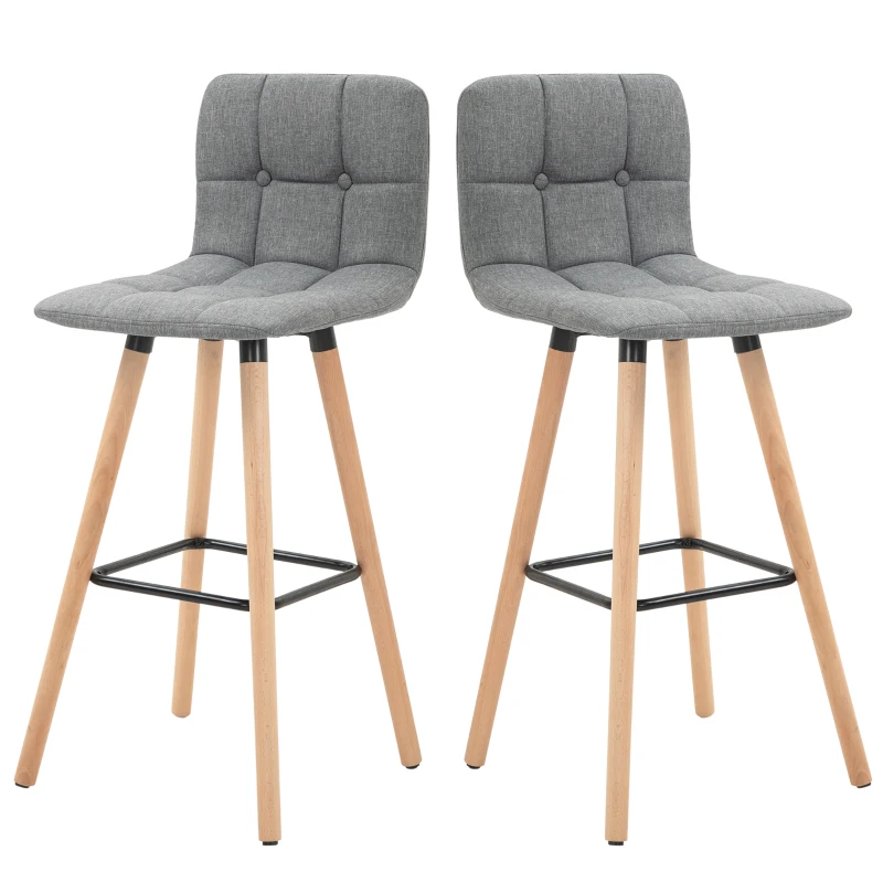 HOMCOM Set of 2 bar stools, upholstered bar chairs with backrest and footrest, wooden legs, 41,5x47x97,5cm, gray