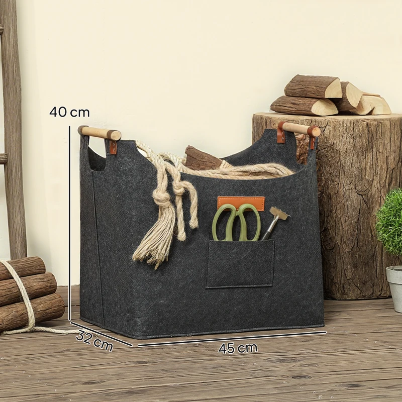 Outsunny Borsa in Feltro Portalegna da Interno con Manici in Legno, Capacità 15 kg, 45x32x40 cm, Grigio