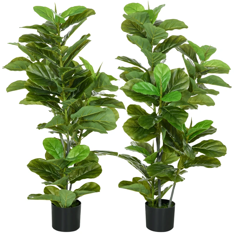 HOMCOM Set of 2 Artificial Fiddle Leaf Fig Plants with Pot Included 110 cm Tall Green