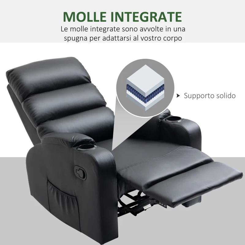 HOMCOM Poltrona Relax Reclinabile Manualmente a 165° con Poggiapiedi, Portabicchieri e Tasca in Finta Pelle, Nero