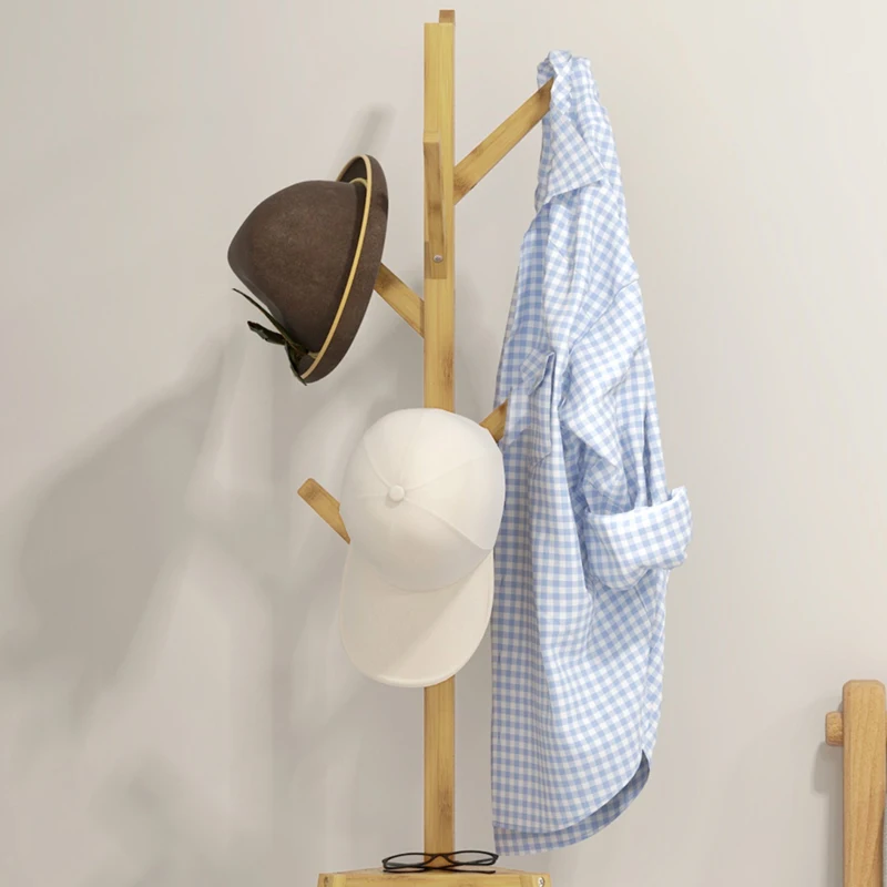 HOMCOM Bamboo Wooden Free-Standing Coat Rack Clothes Stand 8 Hooks 3 Shelves 46 x 46 x 175 cm Natural