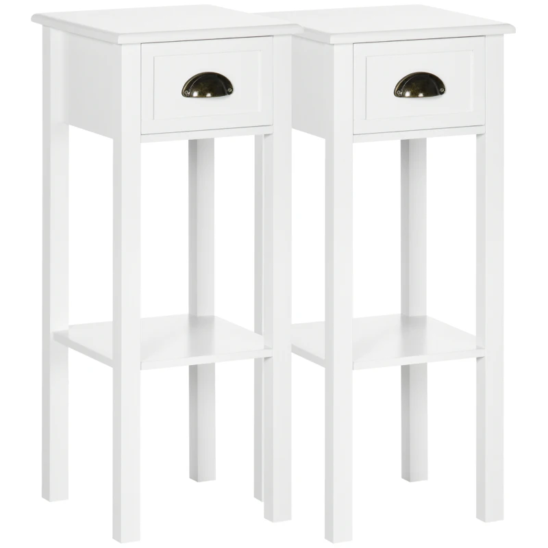 HOMCOM Set of 2 Side Tables End Table Pedestal - drawer, shelf - dim. 30L x 30l x 75H cm - shell handles Aged Brass MDF White