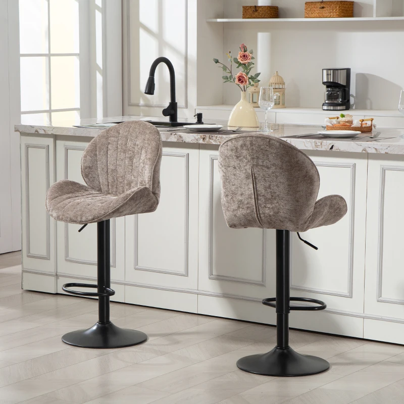HOMCOM Set of 2 Shell-Shape Bar Stools, Backrest, Height Adjustable with Footrest, Steel Frame, Brown